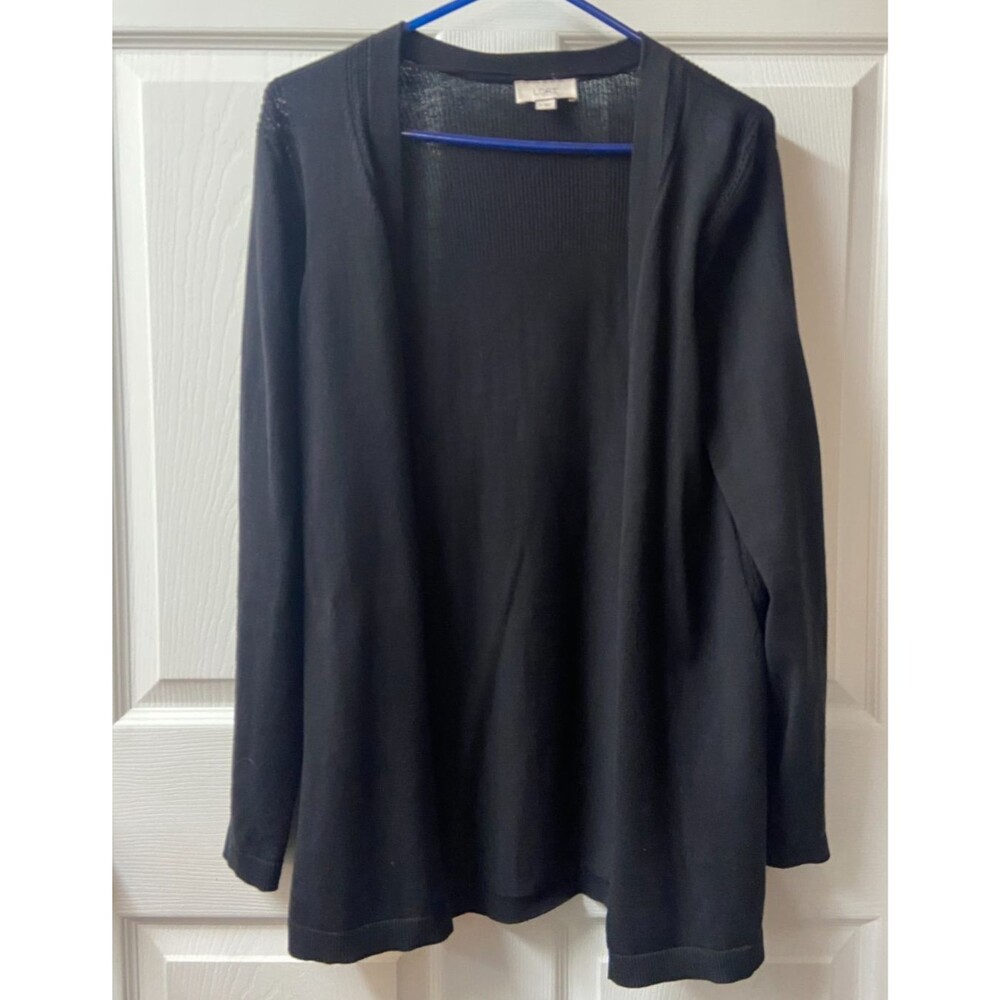 Loft Outlet Cardigan Sweater Open Front Womens M Black Tight Knit Long Sleeved